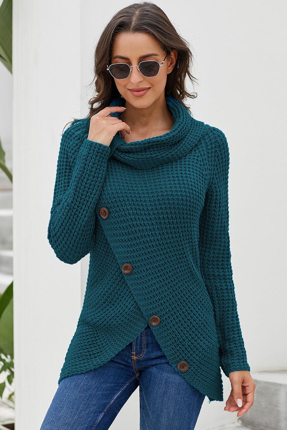 Women's Turtleneck Sweater Featuring Slate Blue Button-Front Wrap