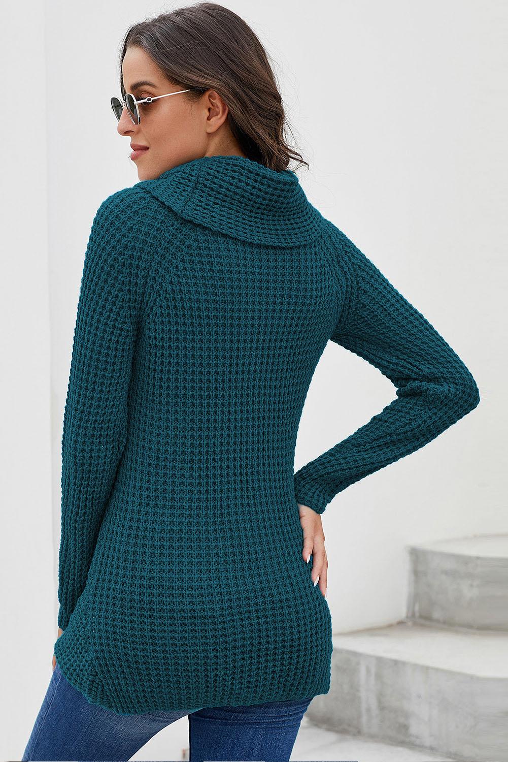 Women's Turtleneck Sweater Featuring Slate Blue Button-Front Wrap