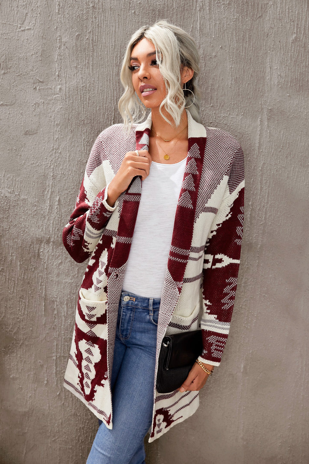 Women's Geometric Print Everyday Beige Lapel Collar Knit Cardigan