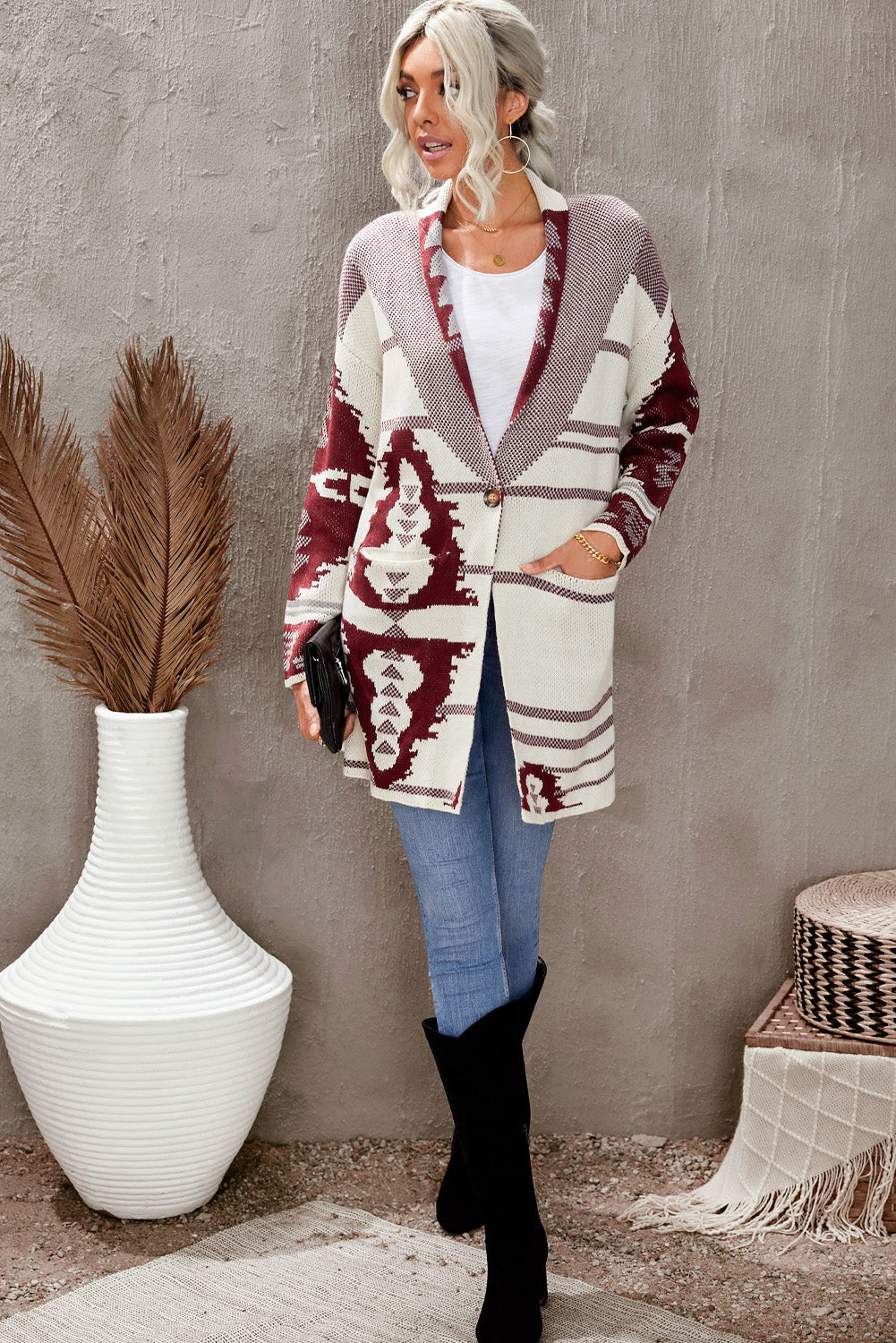 Women's Geometric Print Everyday Beige Lapel Collar Knit Cardigan