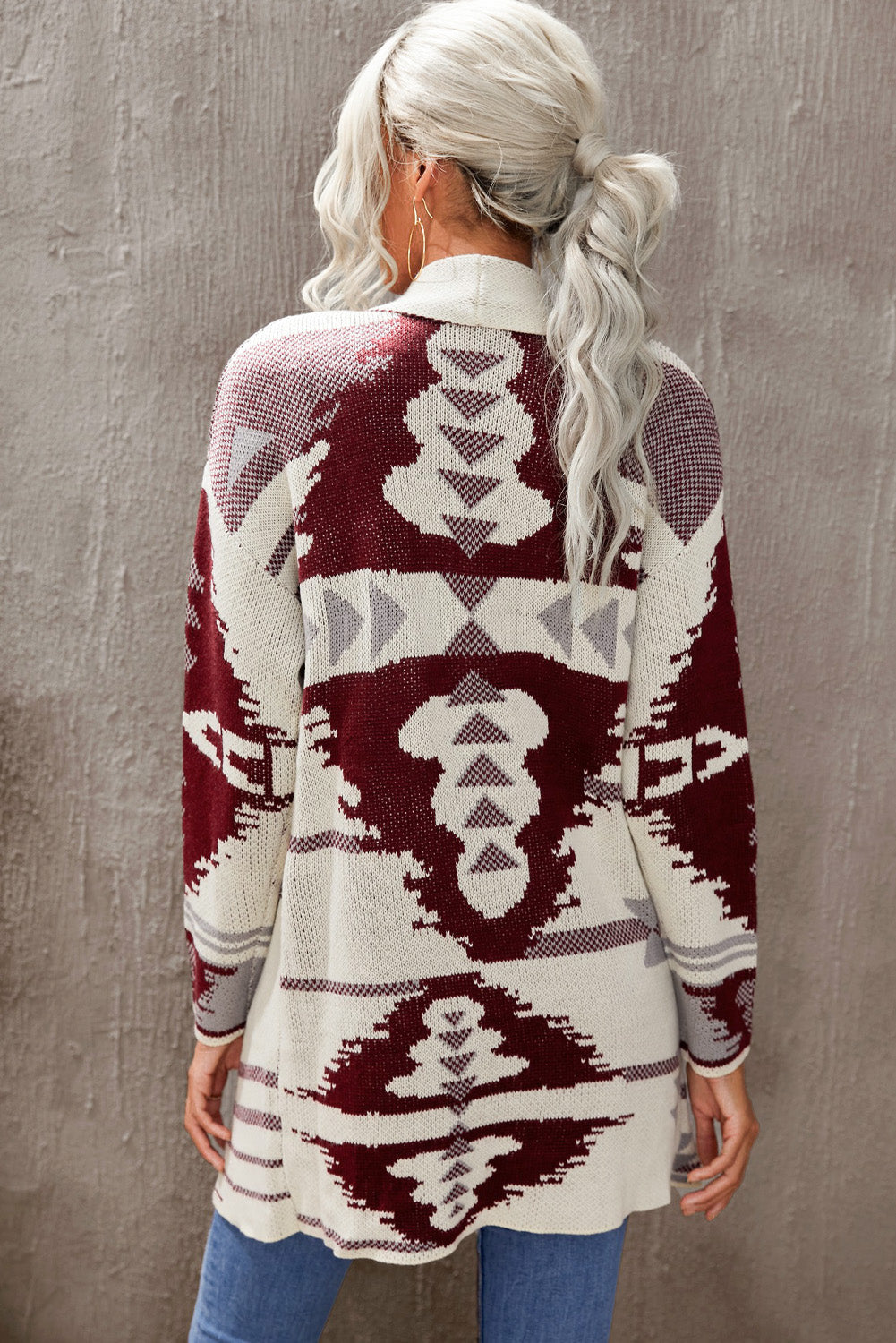 Women's Geometric Print Everyday Beige Lapel Collar Knit Cardigan