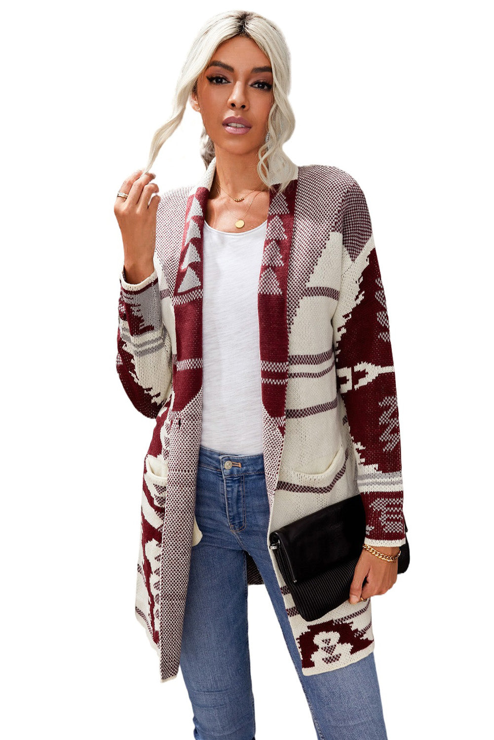 Women's Geometric Print Everyday Beige Lapel Collar Knit Cardigan