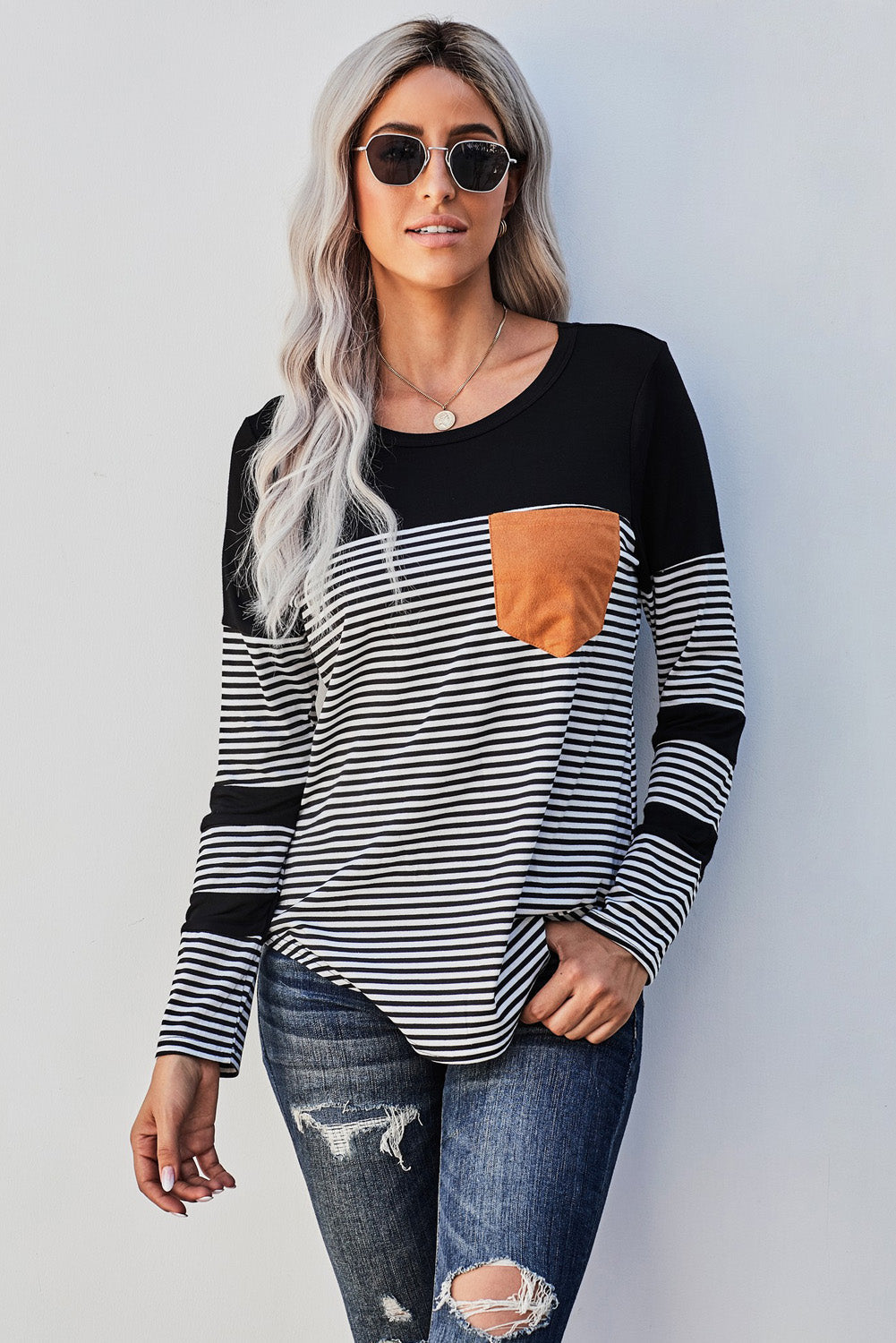 Women's Top with Patch Pocket Long-Sleeve Everyday Black Striped Pinstripe