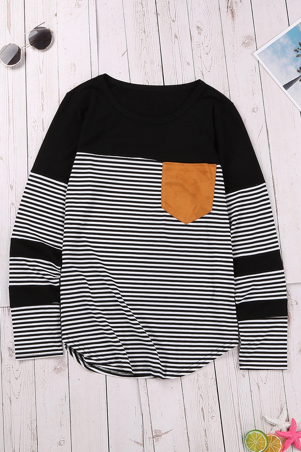 Women's Top with Patch Pocket Long-Sleeve Everyday Black Striped Pinstripe