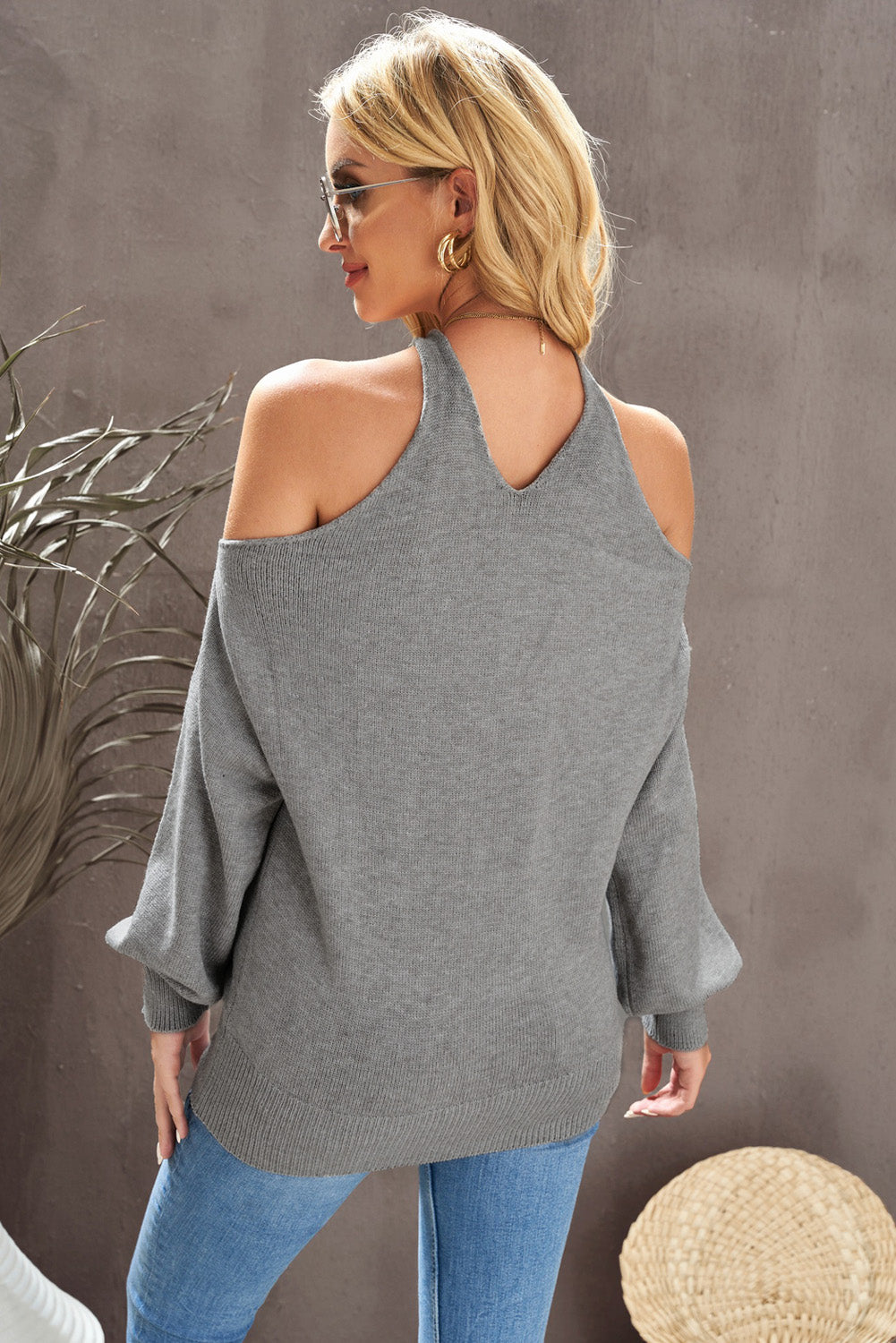 Women's V Neck Cold Shoulder Sweater