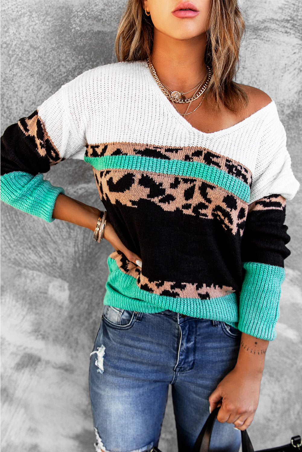 Women's V Neck Leopard-Print Color-Block Sweater