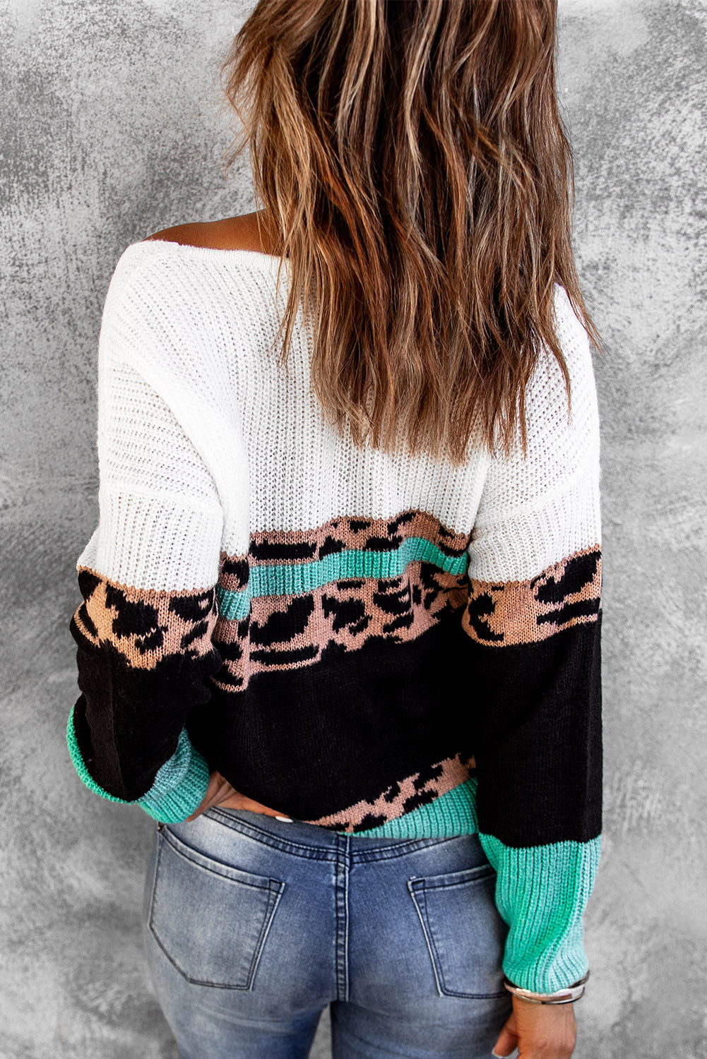 Women's V Neck Leopard-Print Color-Block Sweater