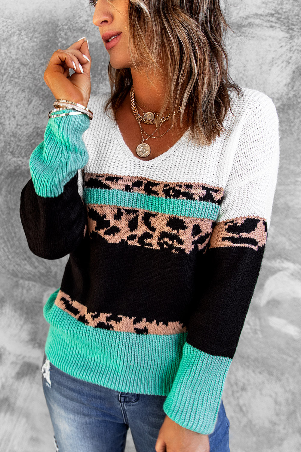 Women's V Neck Leopard-Print Color-Block Sweater