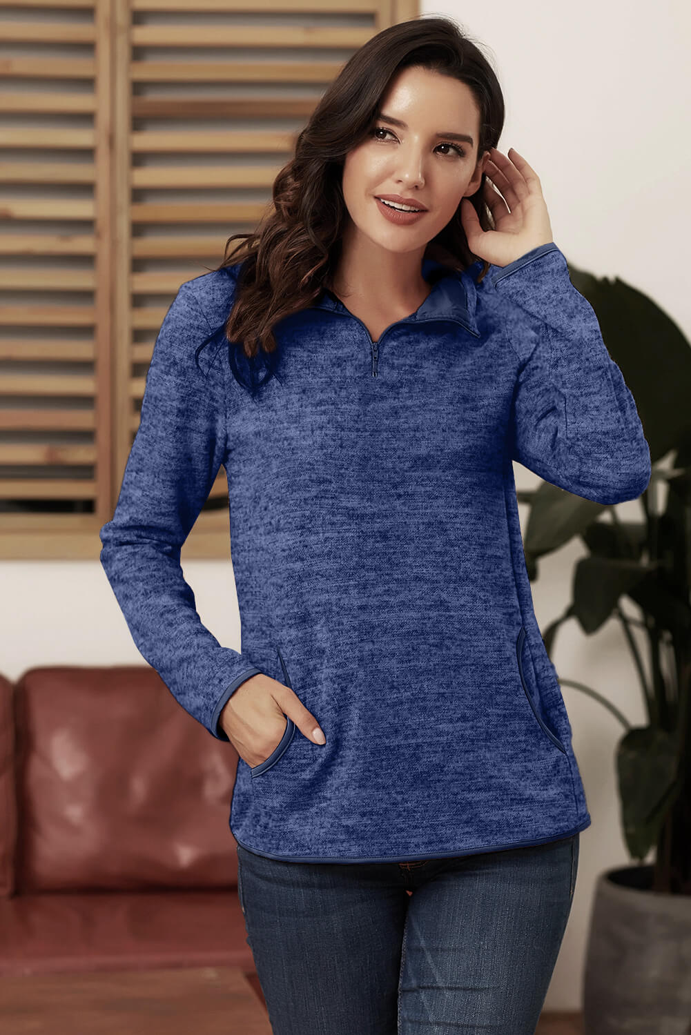 Pullover Sweatshirt for Women Everyday Blue Quarter Zip