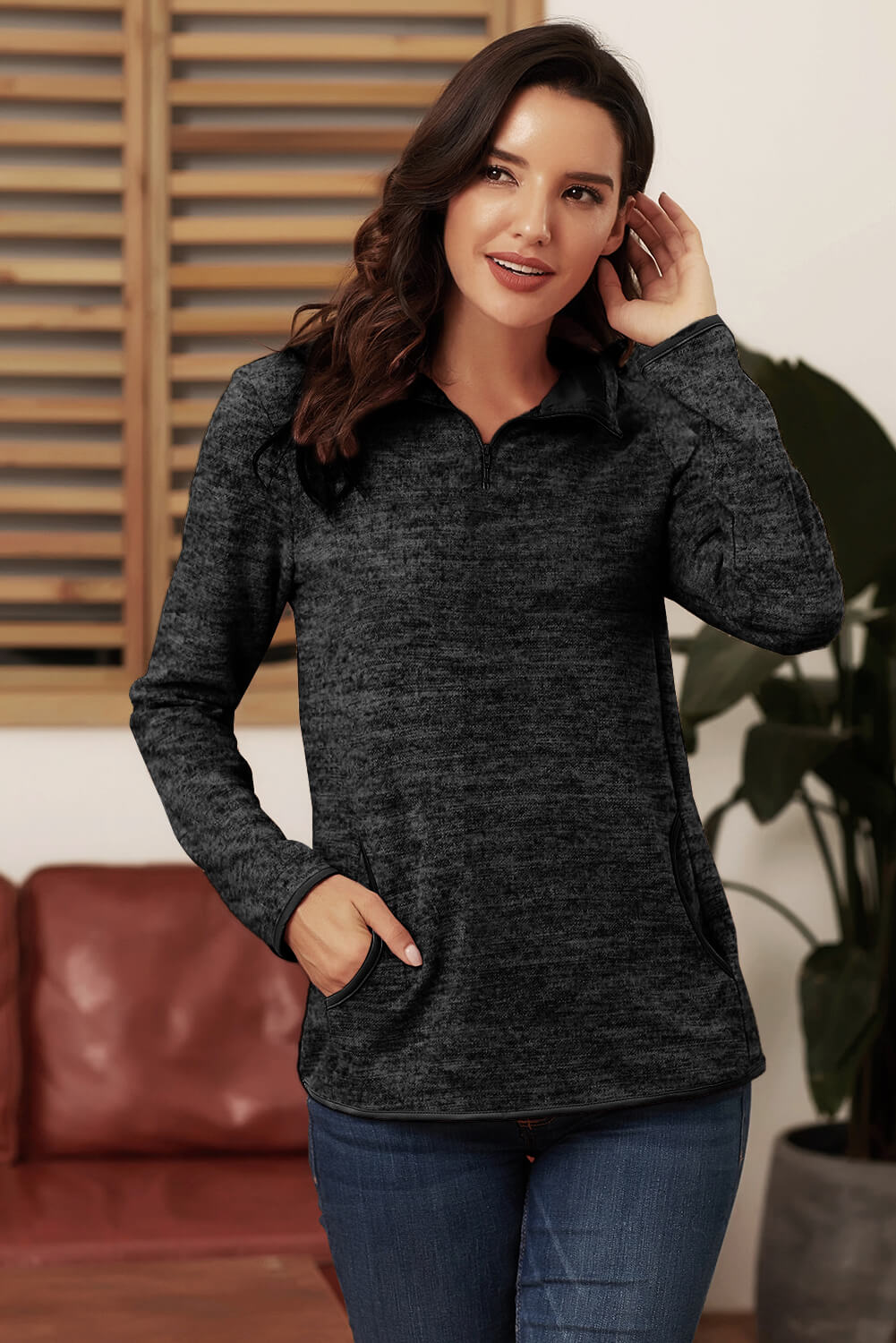Pullover Sweatshirt for Women Everyday Charcoal Quarter Zip