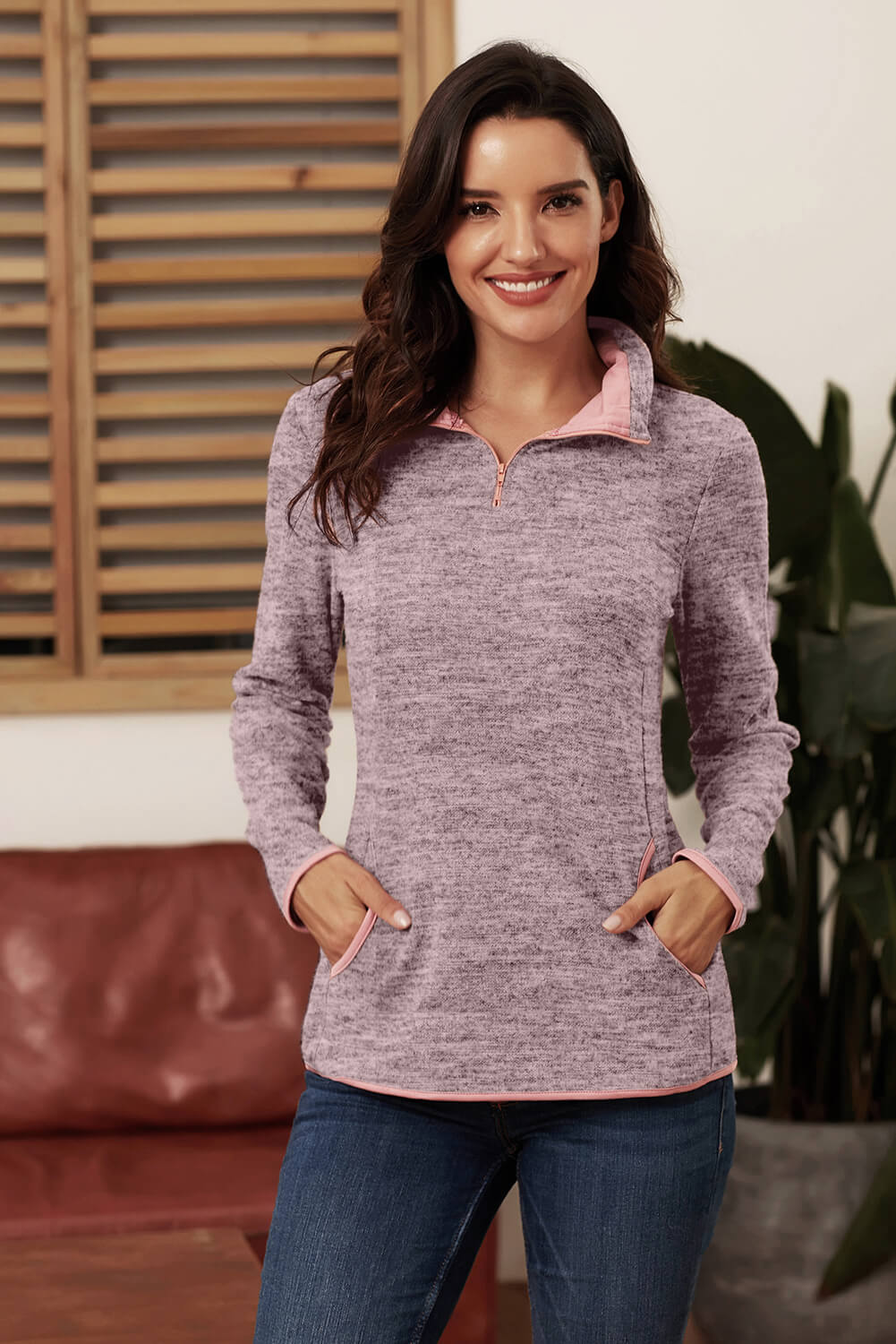 Women's Quarter Zip Everyday Pink Pullover Sweatshirt