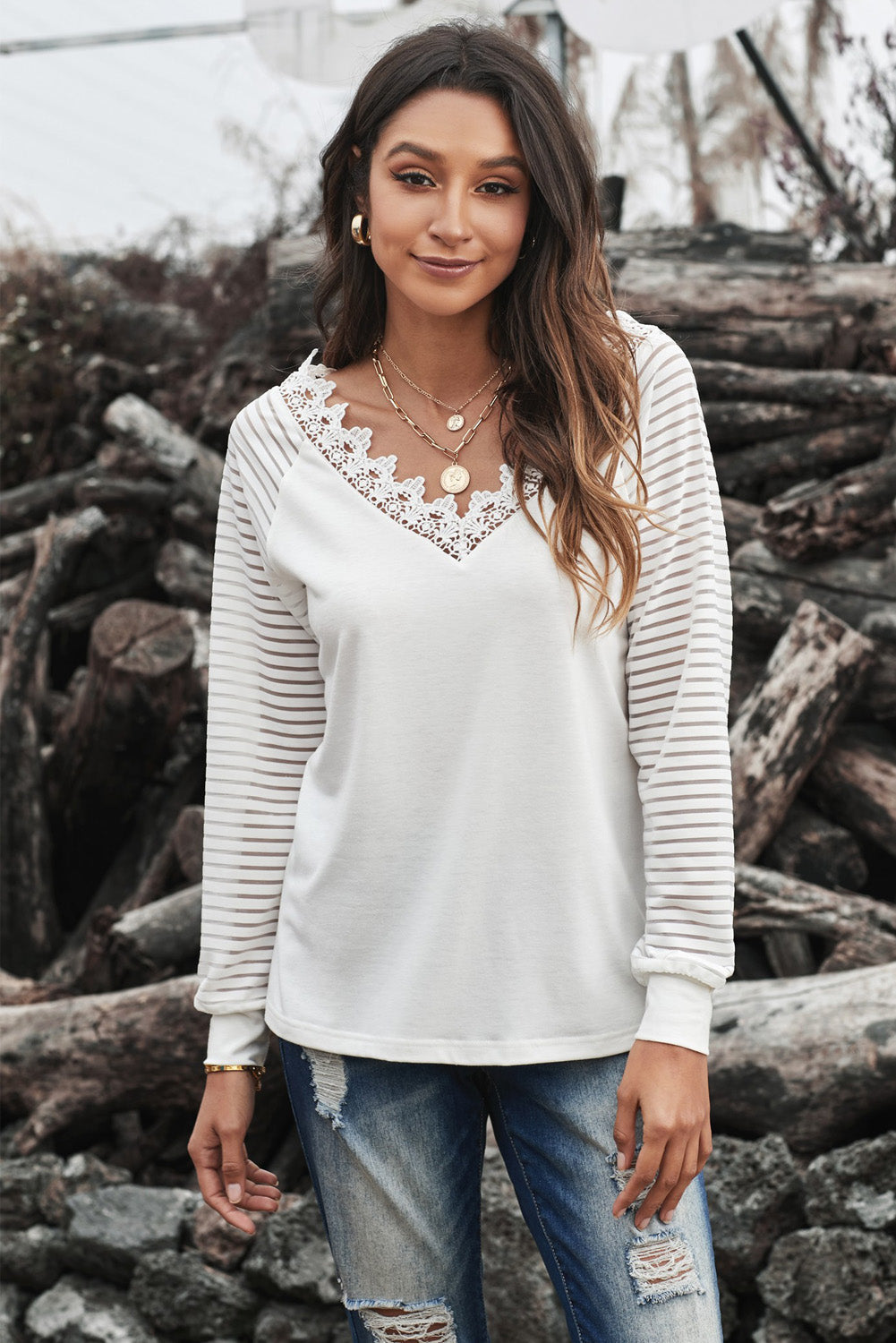 Top for Women Chic White Deep V-neck Lace-Trimmed Stripe Long-Sleeve