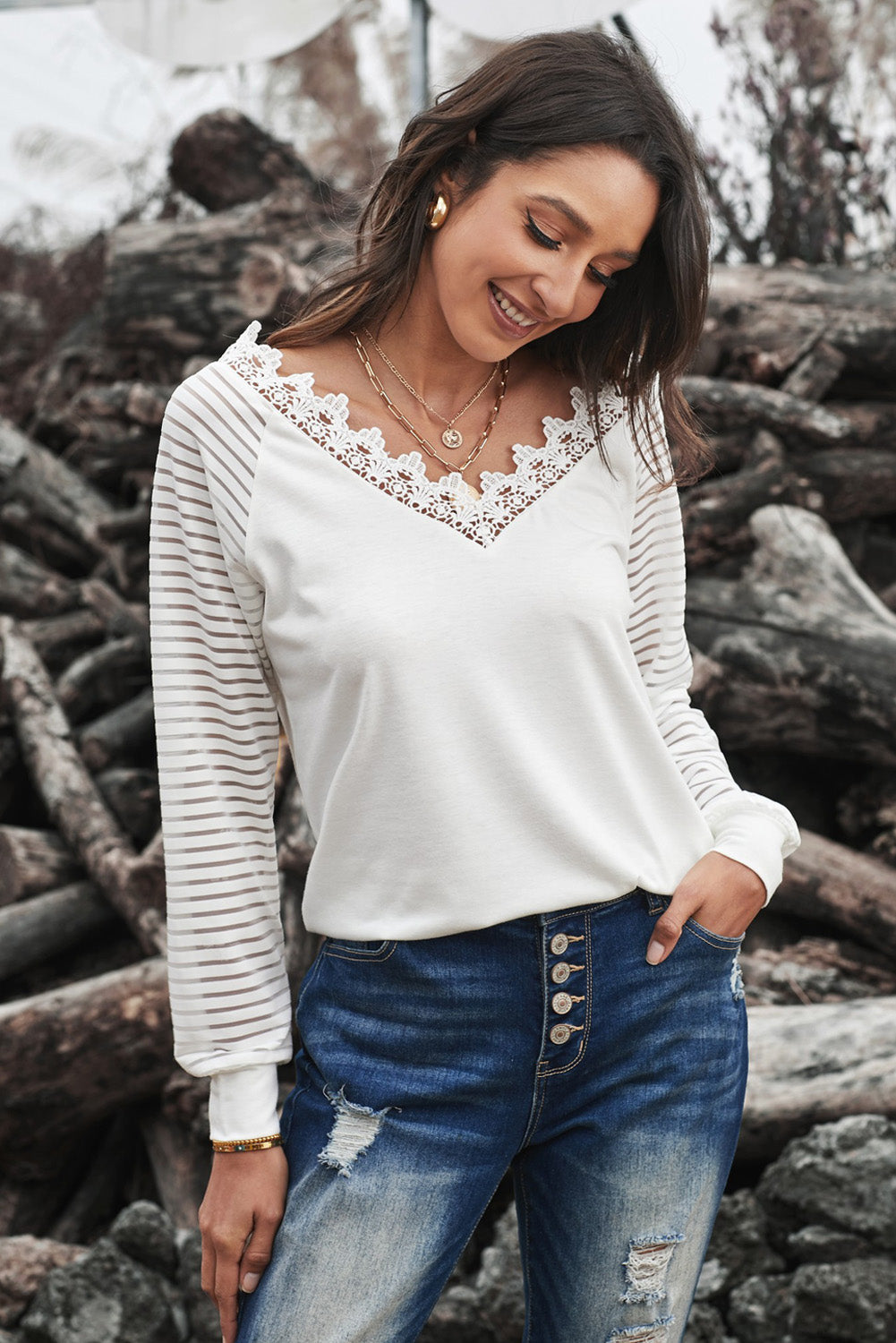 Top for Women Chic White Deep V-neck Lace-Trimmed Stripe Long-Sleeve