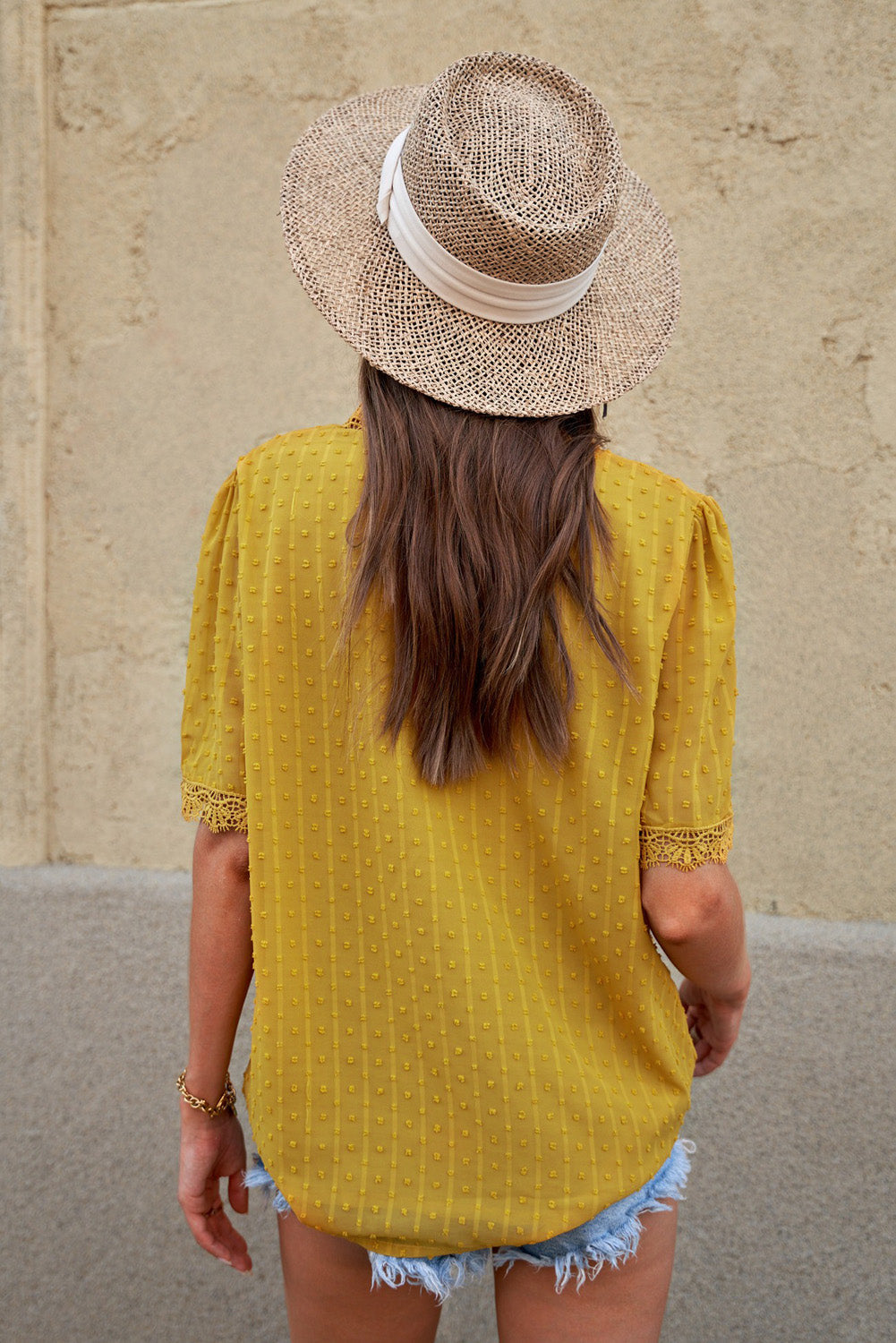 Women's Blouse Featuring Swiss Dot Short-Sleeve Chic Yellow Lace-Trimmed Splicing V Neck