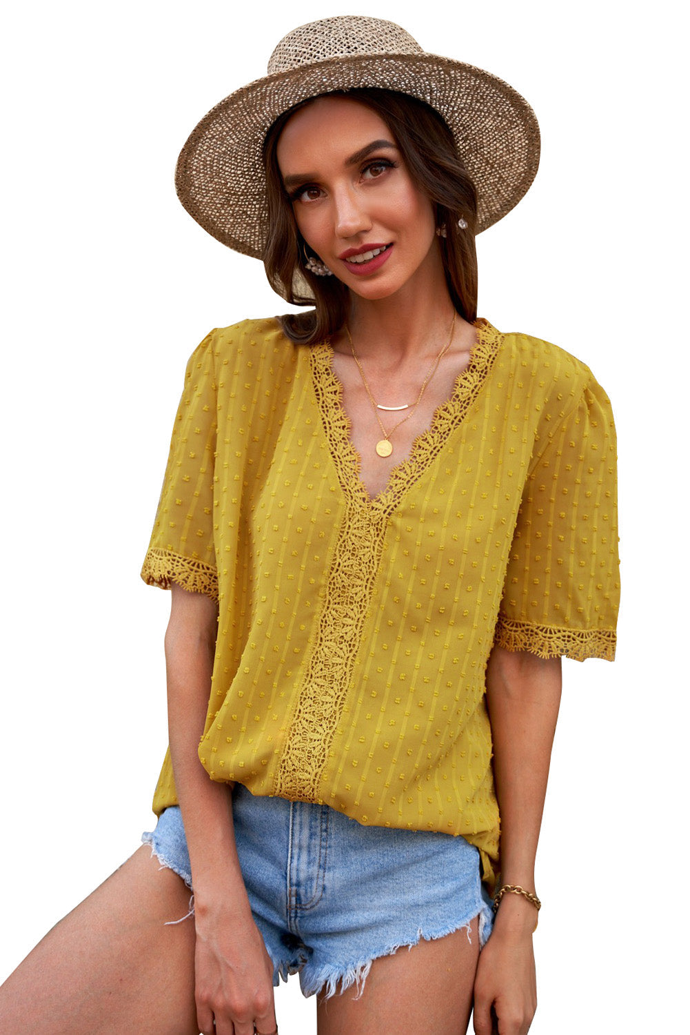 Women's Blouse Featuring Swiss Dot Short-Sleeve Chic Yellow Lace-Trimmed Splicing V Neck
