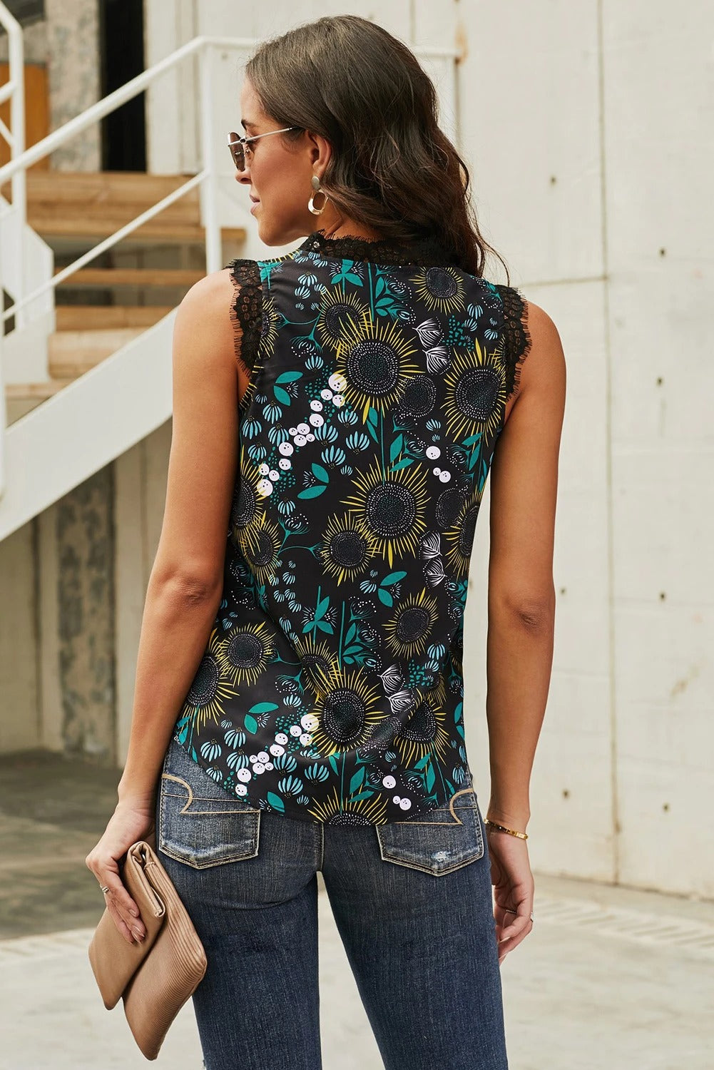 Tank for Women Lace-Trimmed Trim Floral-Print Everyday Black V Neck