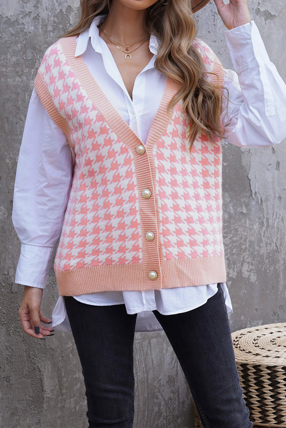Women's Houndstooth Vest Cardigan