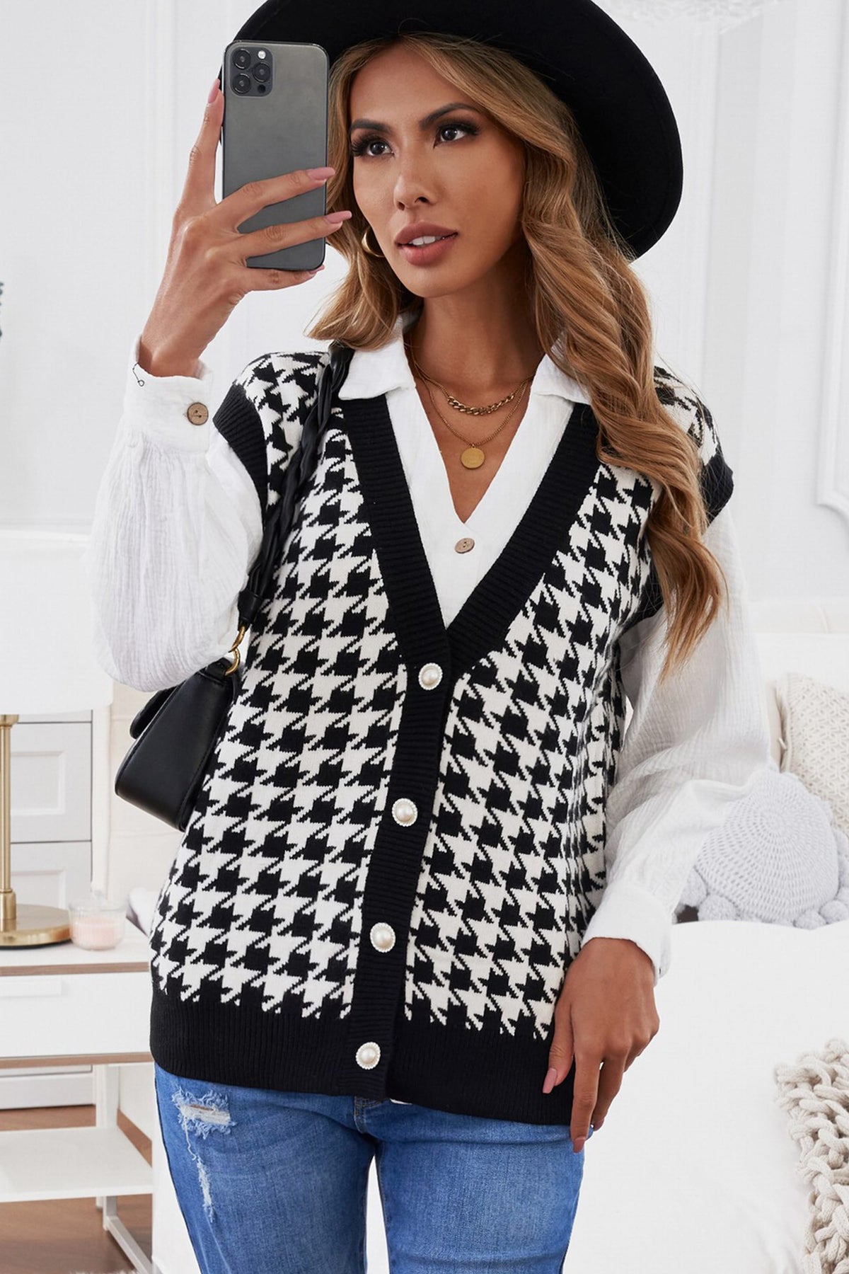 Women's Houndstooth Vest Cardigan