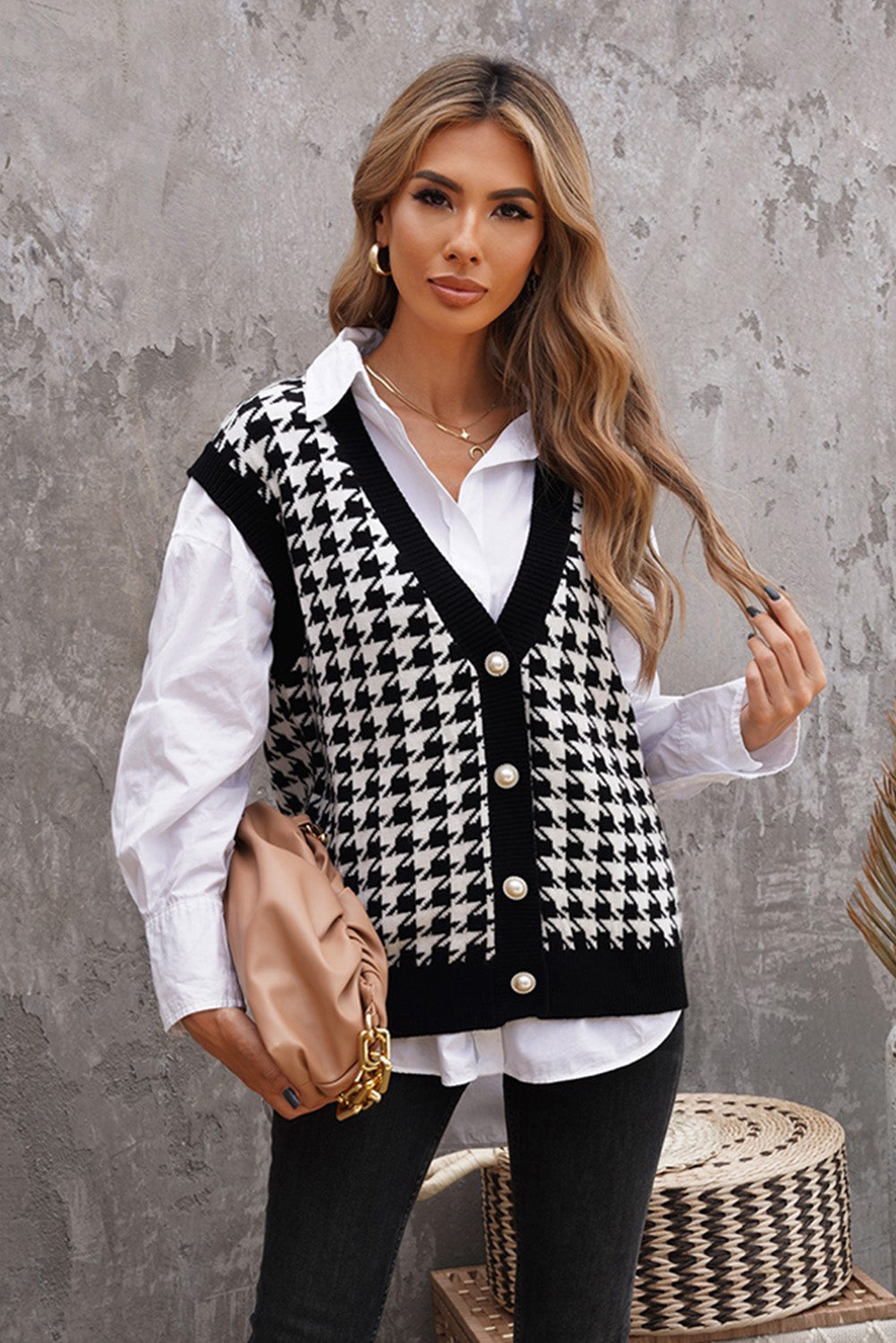 Women's Houndstooth Vest Cardigan