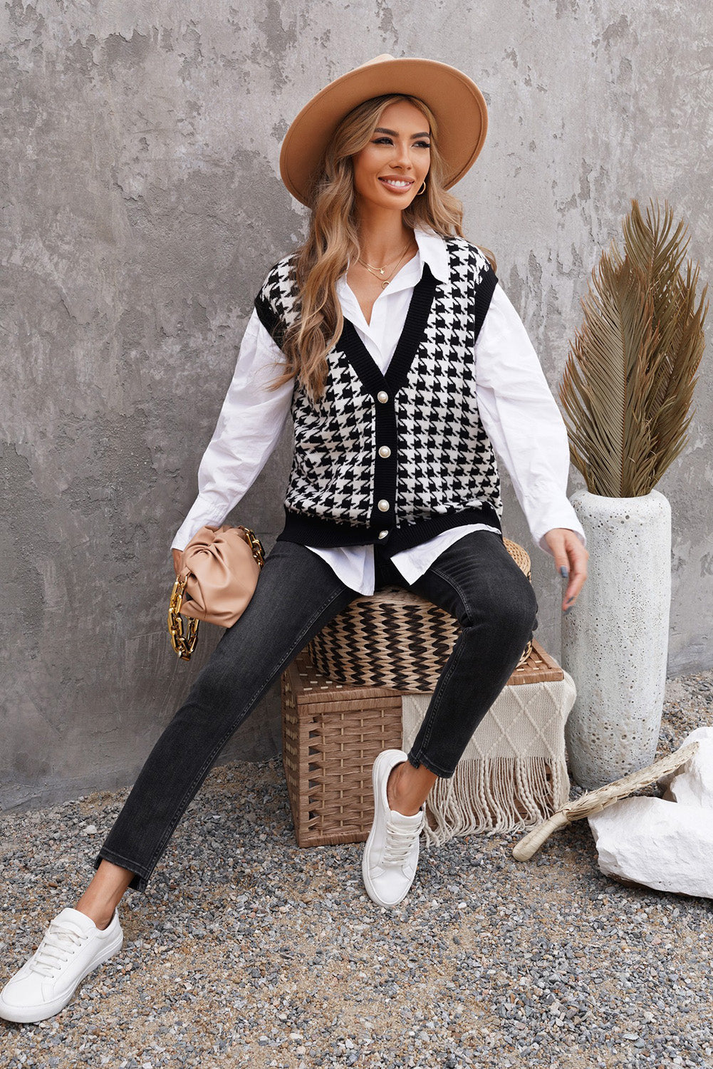 Women's Houndstooth Vest Cardigan