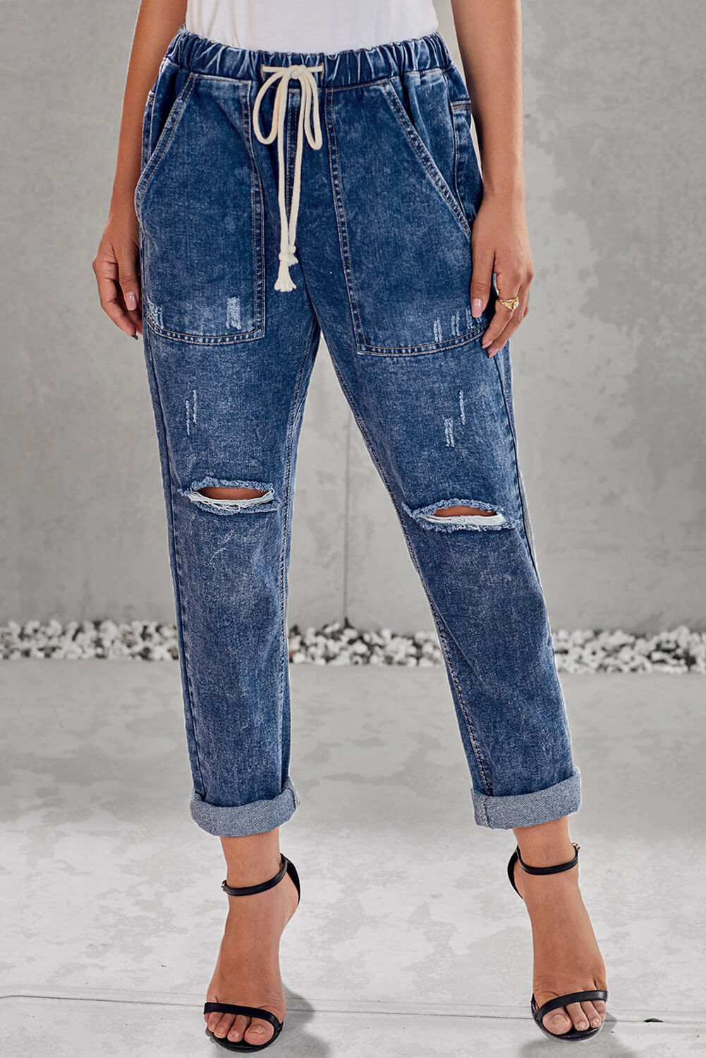 Women's Jean Dark Blue Gather Round Distressed Hole Pocket-Detail Jogger