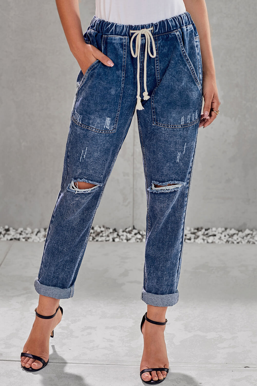Women's Jean Dark Blue Gather Round Distressed Hole Pocket-Detail Jogger