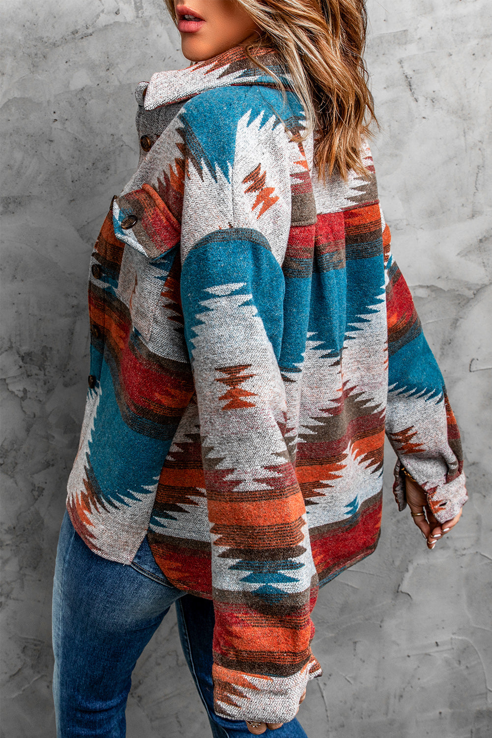Women's Shirt Jacket Featuring Distressed Aztec Lapel