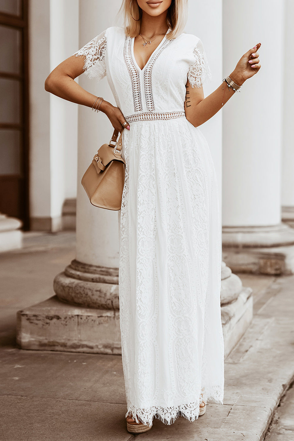 Women's Dresses with Lace-Trimmed Maxi Elegant White Bohemian