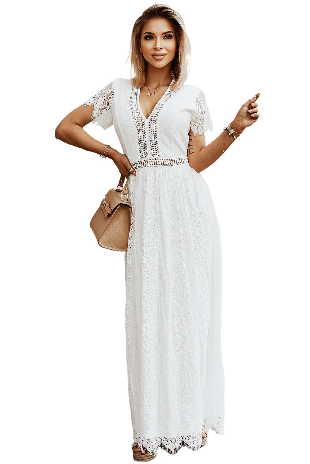 Women's Dresses with Lace-Trimmed Maxi Elegant White Bohemian