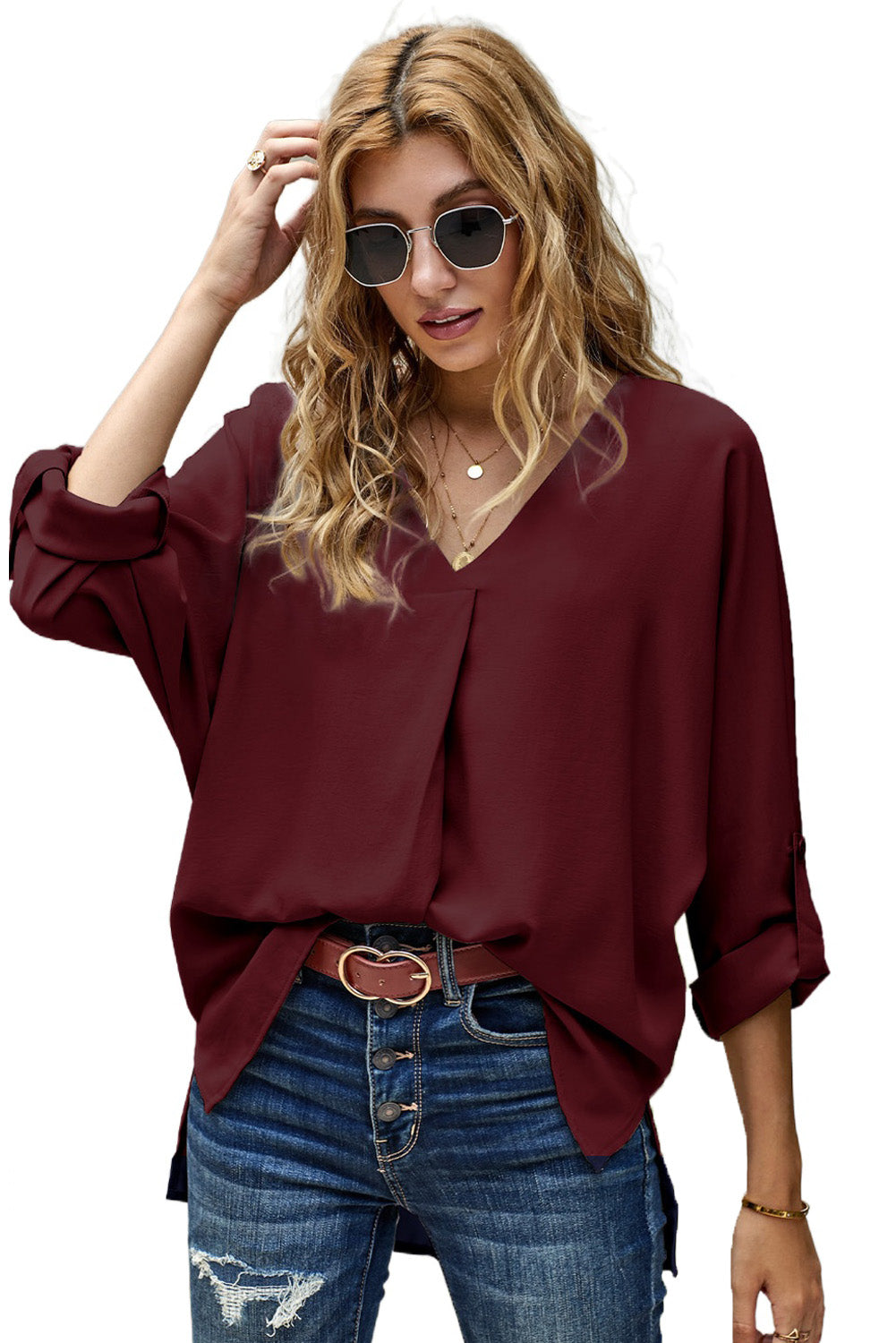 Women's Blouse Featuring High Low Hem Elegant Wine V Neck Three-Quarter Sleeve
