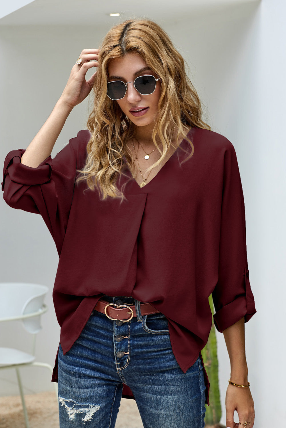 Women's Blouse Featuring High Low Hem Elegant Wine V Neck Three-Quarter Sleeve