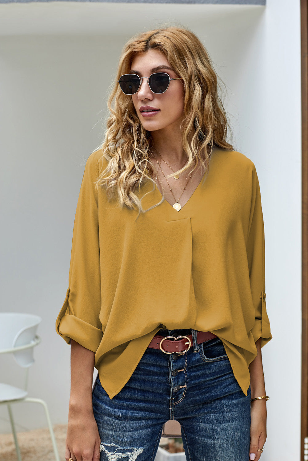 Women's Three-Quarter Sleeve High Low Hem Elegant Yellow V Neck Blouse
