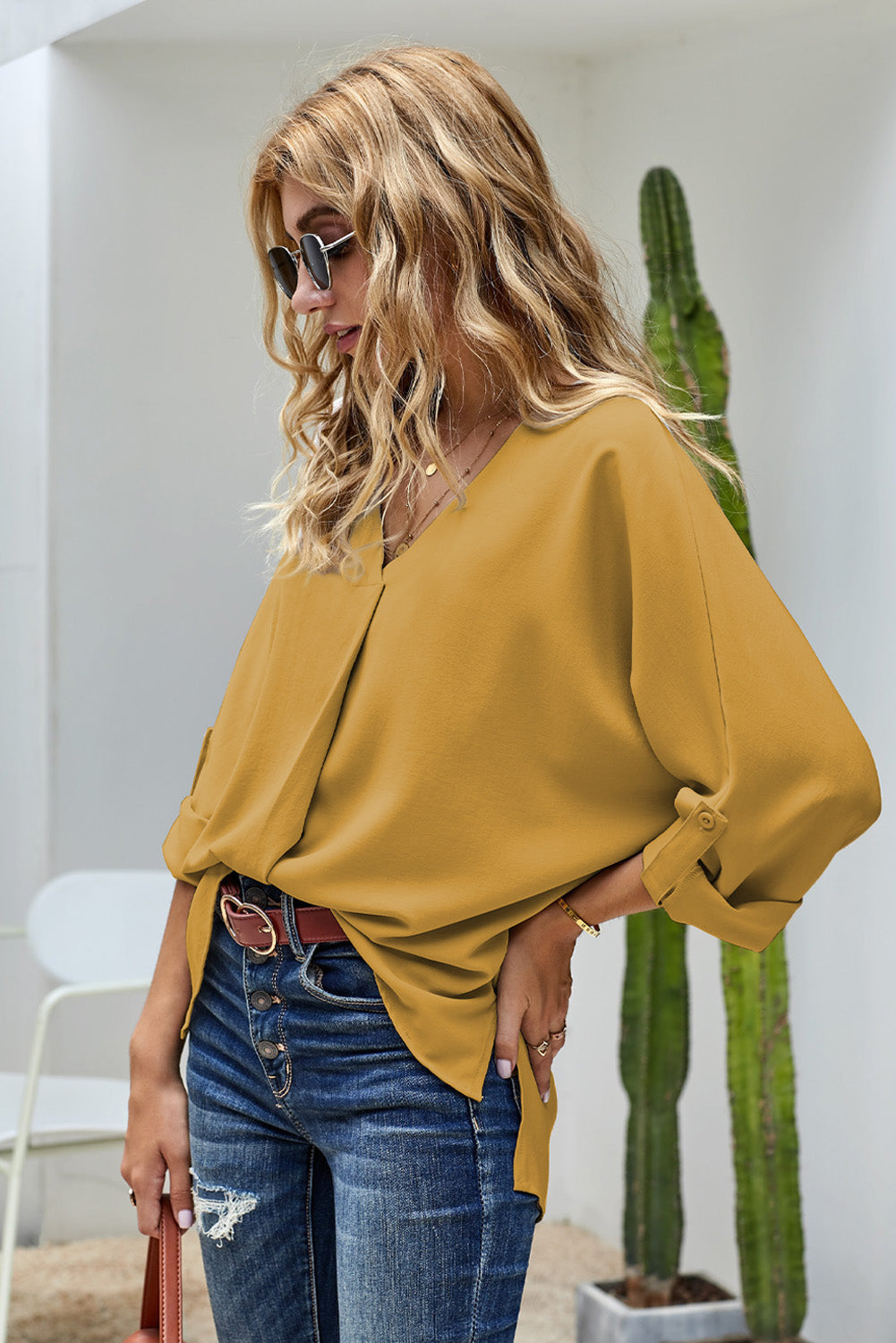 Women's Three-Quarter Sleeve High Low Hem Elegant Yellow V Neck Blouse