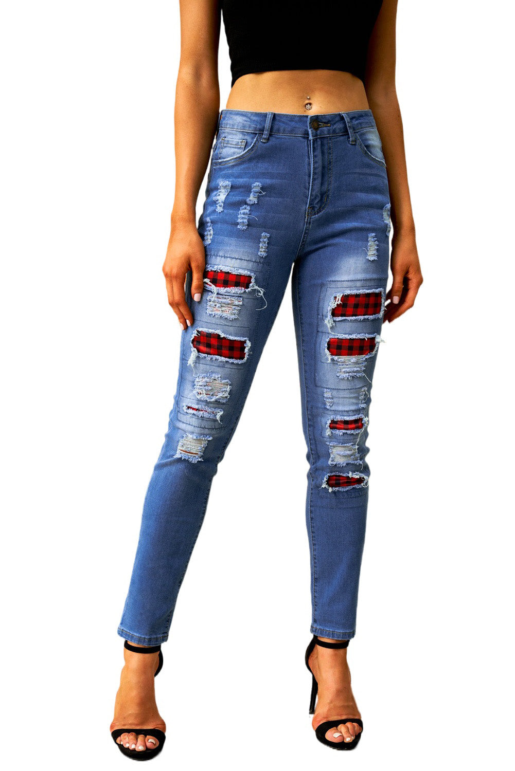 Women's Jeans Featuring Boyfriend Fashion Blue Ripped Plaid Straight Legs