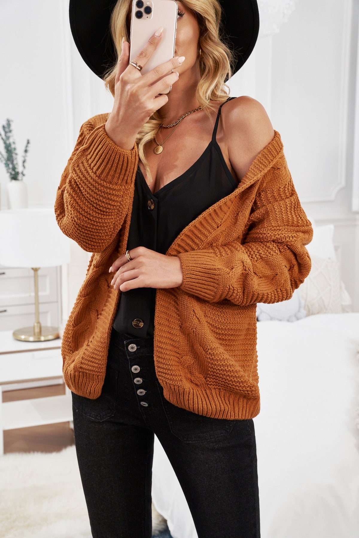 Women's Knit Cardigan with Fashion Khkai Chunky Wide Long-Sleeve