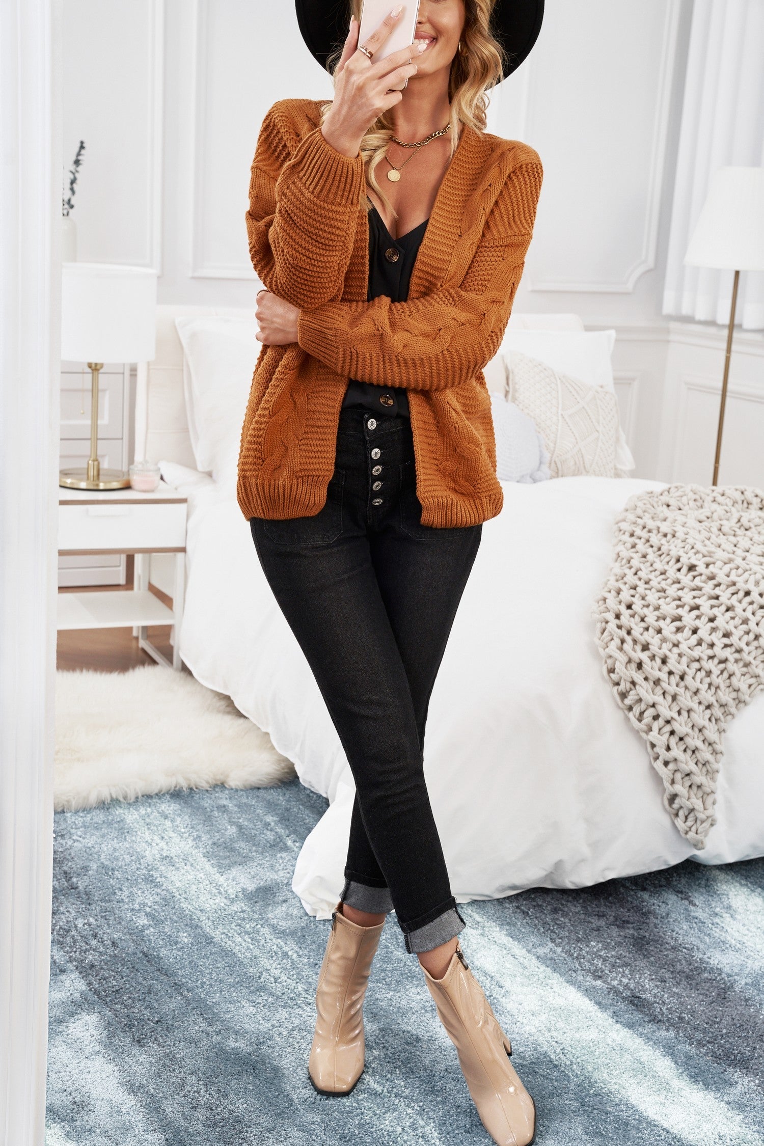 Women's Knit Cardigan with Fashion Khkai Chunky Wide Long-Sleeve