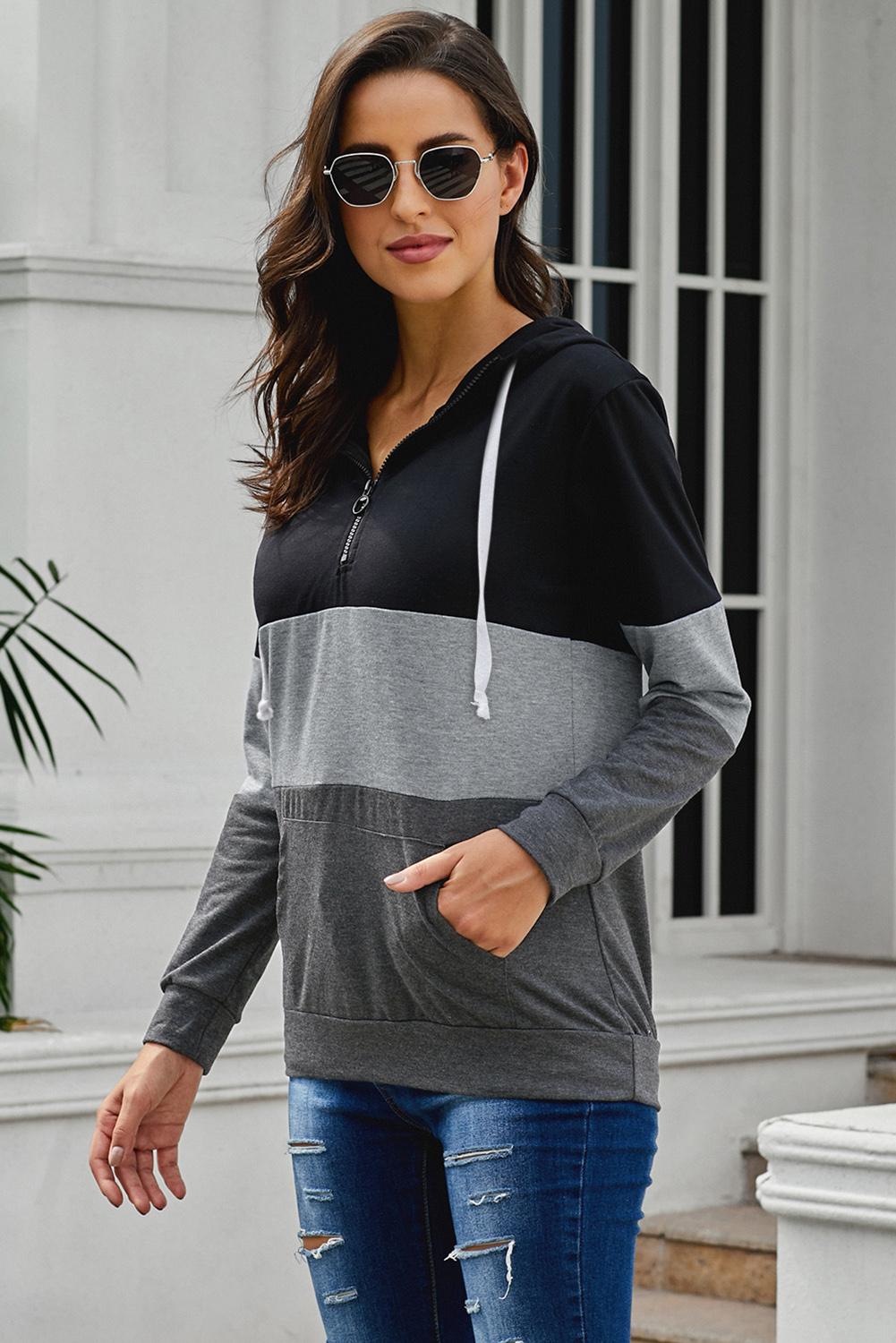 Hoodie for Women Zipped Neck Fashion Black Color-Block