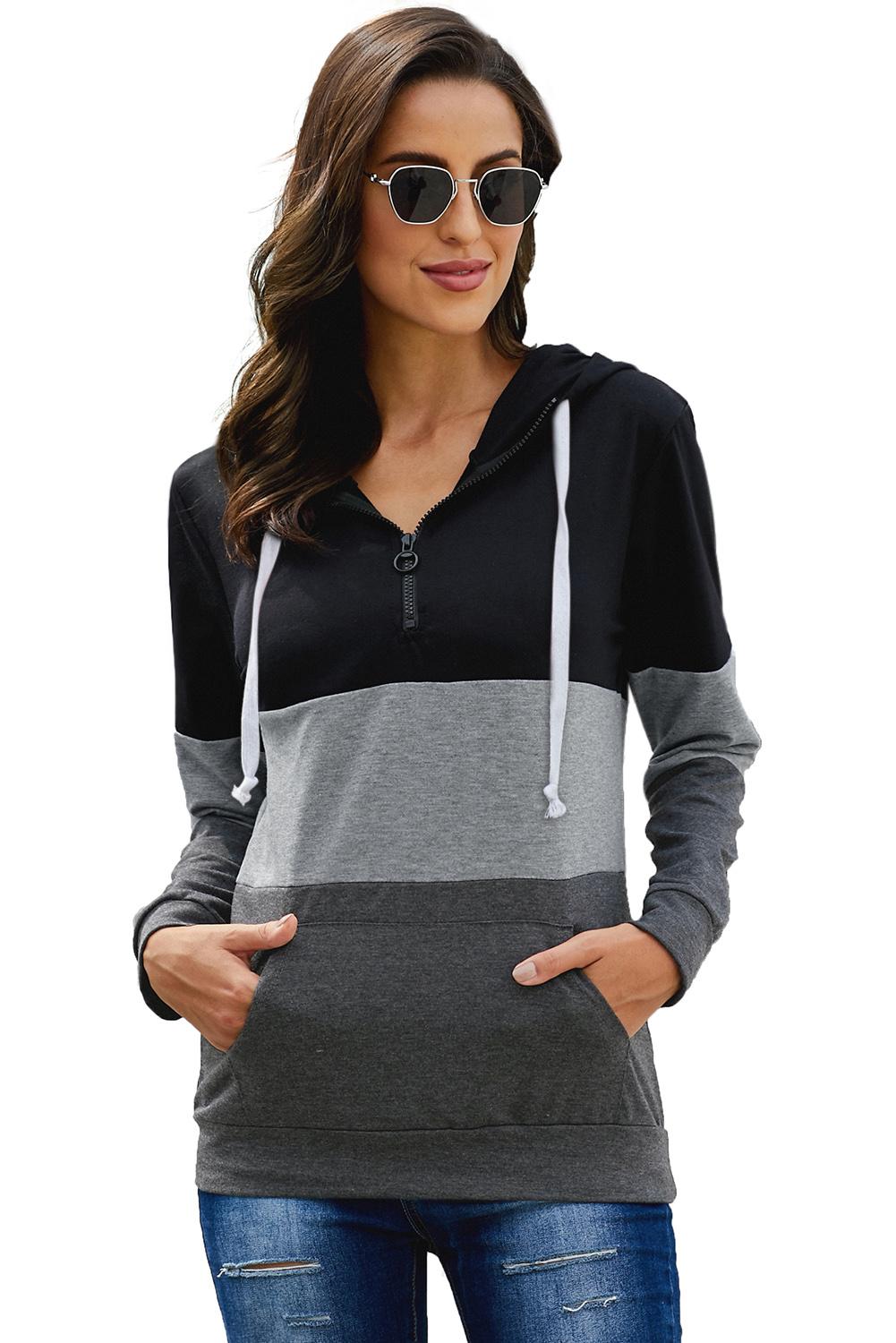 Hoodie for Women Zipped Neck Fashion Black Color-Block