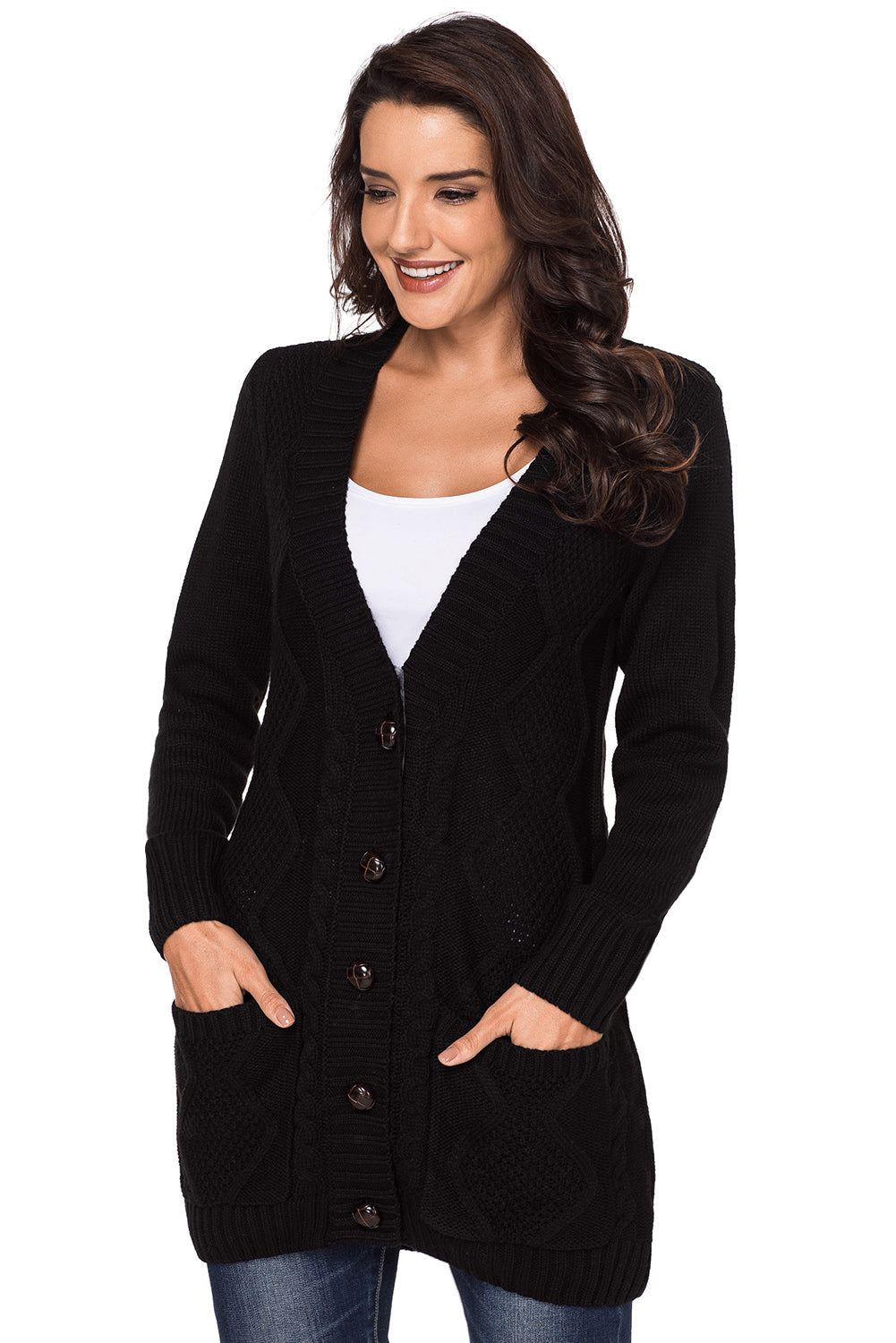 Women's Pocket and Buttons Closure Fashion Black Front Cardigan