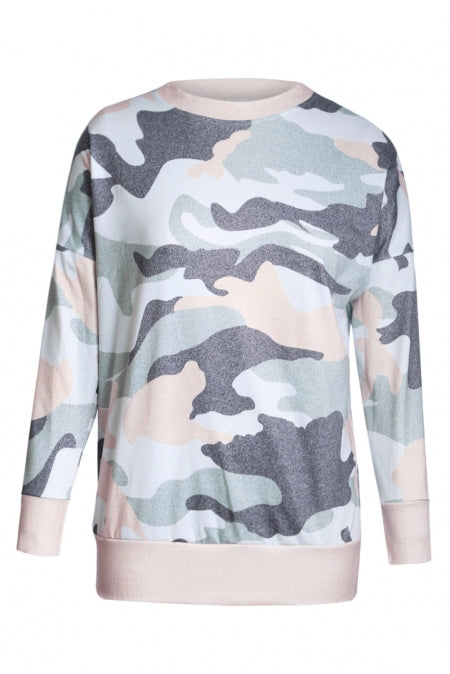 Women's Fashion Khaki Green Digital Camouflage-Print Sweatshirt