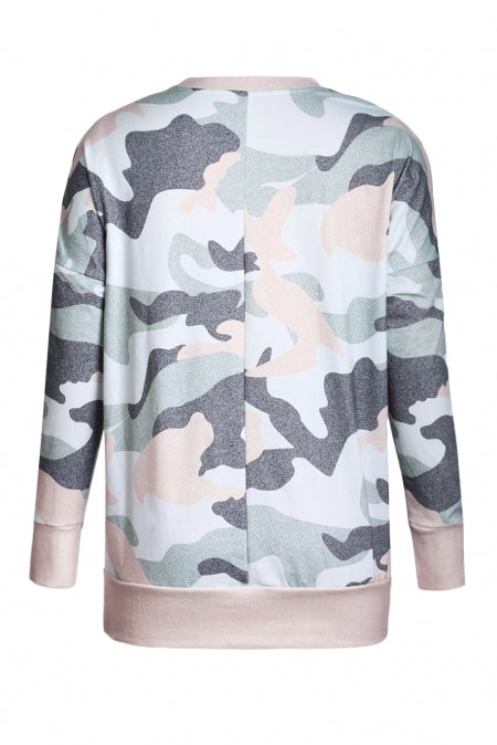 Women's Fashion Khaki Green Digital Camouflage-Print Sweatshirt