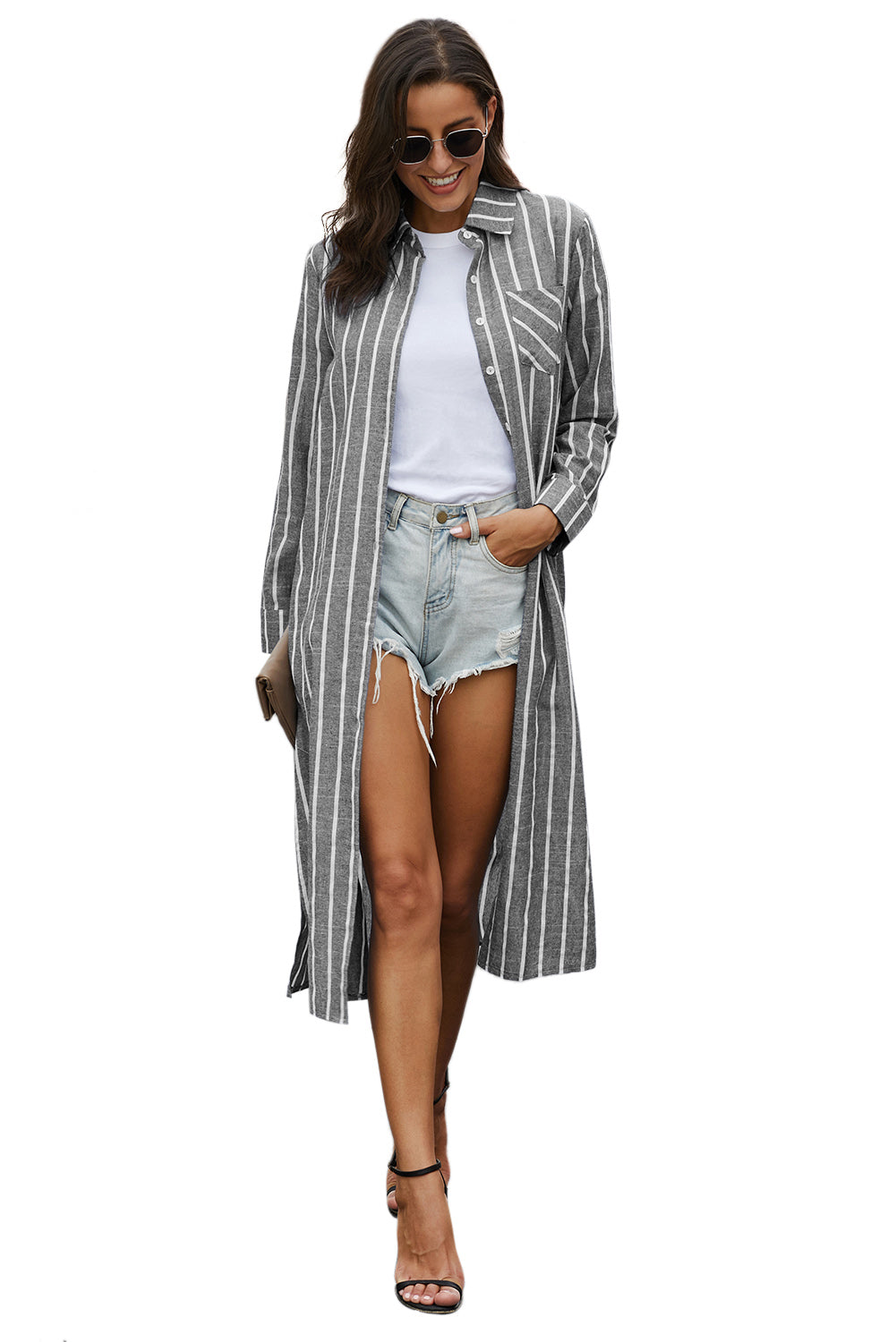 Women's Button Down Long Shirt Gray Layover Beachwear