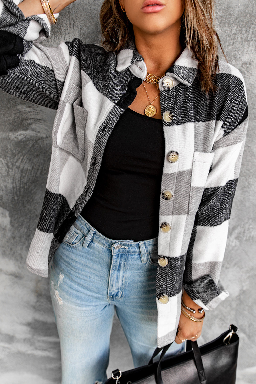 Women's Women's Gray Plaid Color-Block Button-Front Pocket Long-Sleeve Shirt Jacket