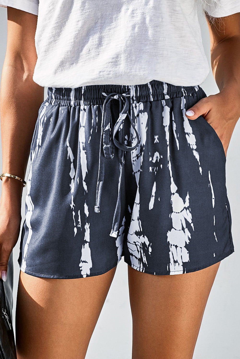 Shorts for Women Drawcord Everyday Gray White Tie Dye