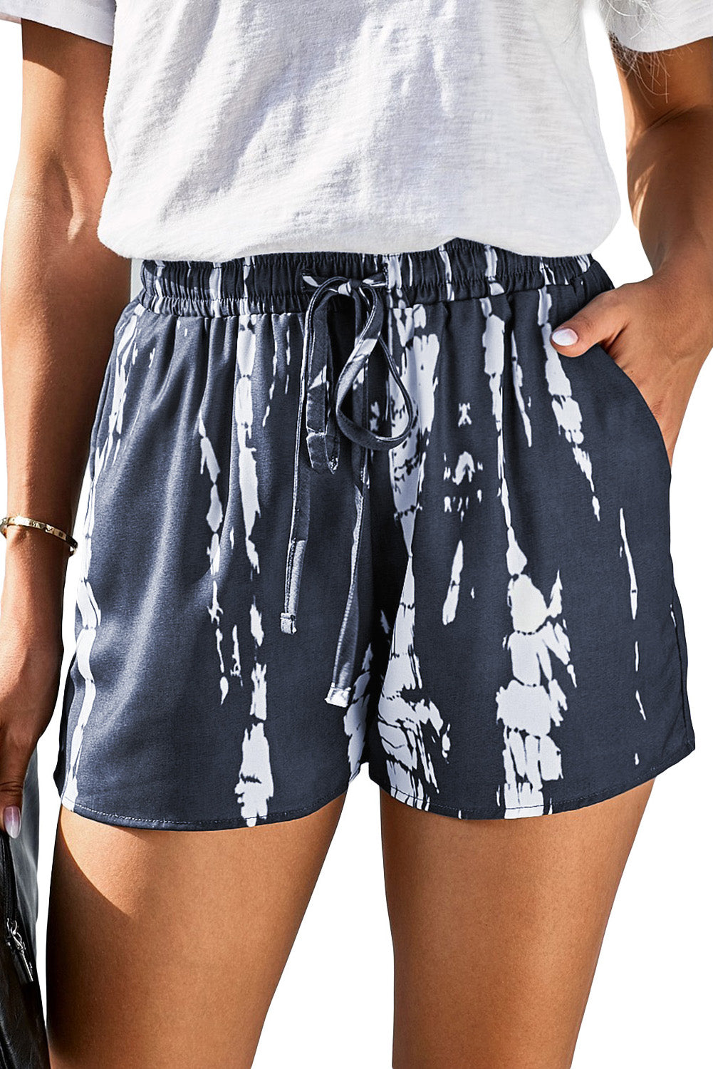 Shorts for Women Drawcord Everyday Gray White Tie Dye