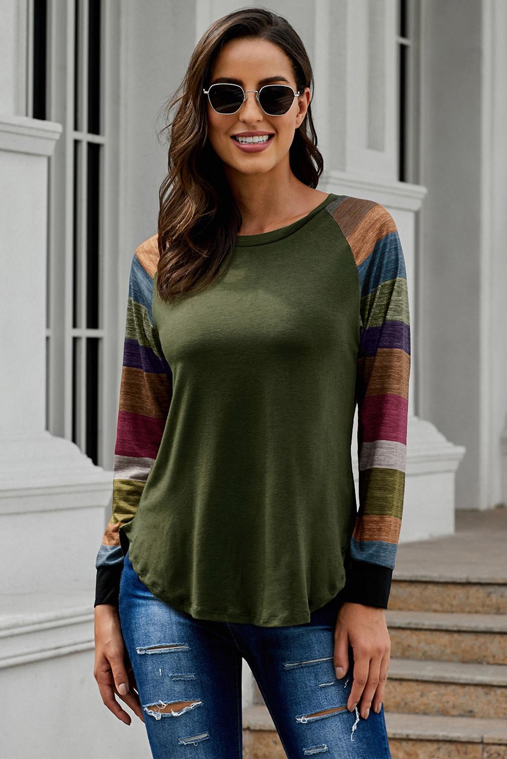 Women's Top with Pullover Green Color-Block Long Sleeves