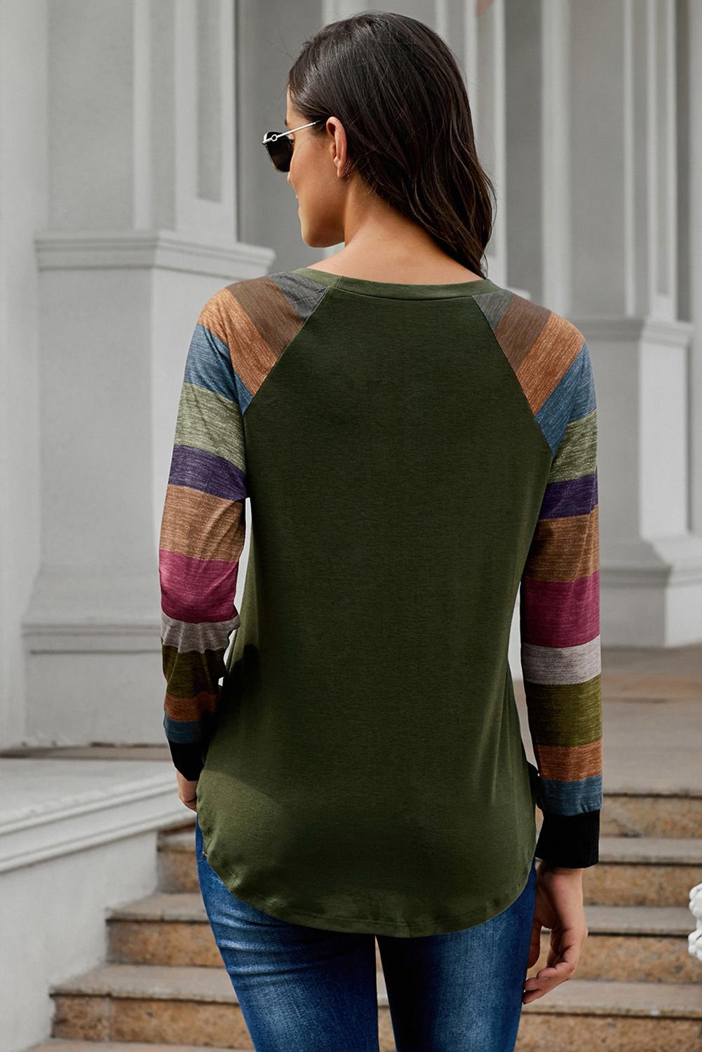 Women's Top with Pullover Green Color-Block Long Sleeves