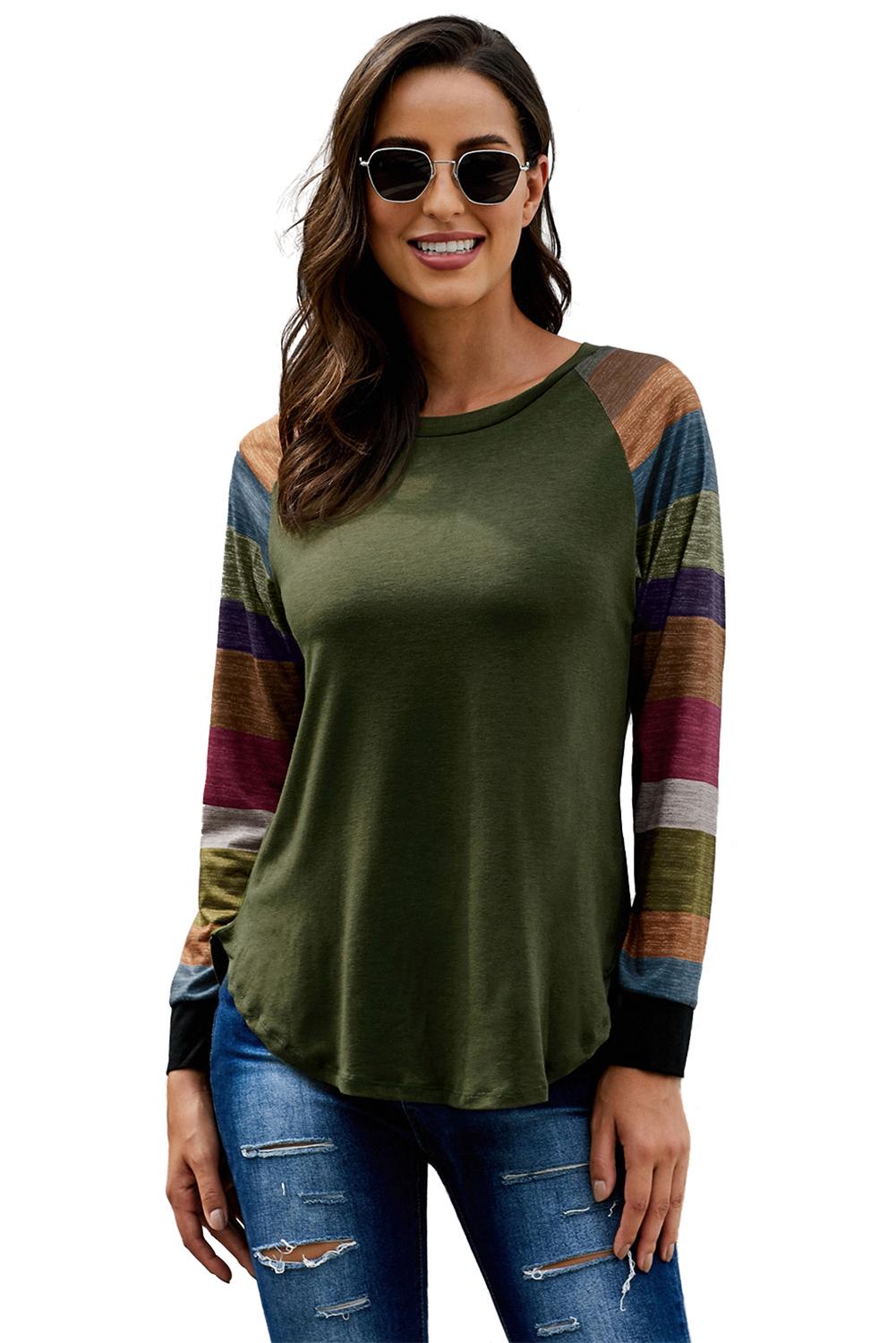Women's Top with Pullover Green Color-Block Long Sleeves