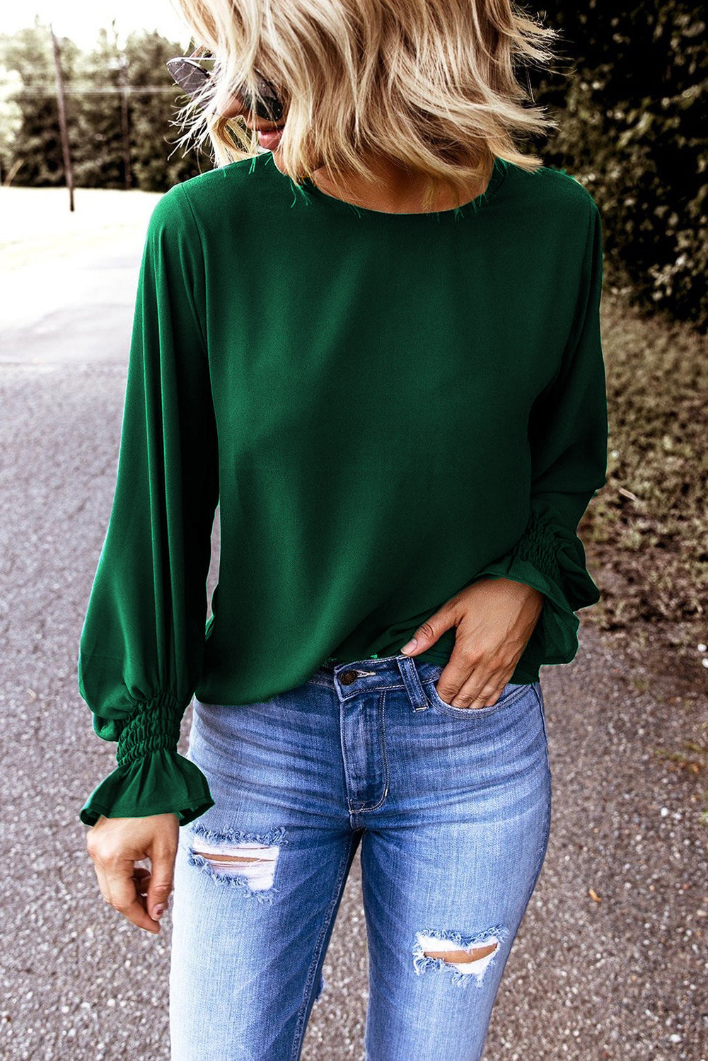 Women's Top with Crew Neck Ruffle-Trimmed Blouse