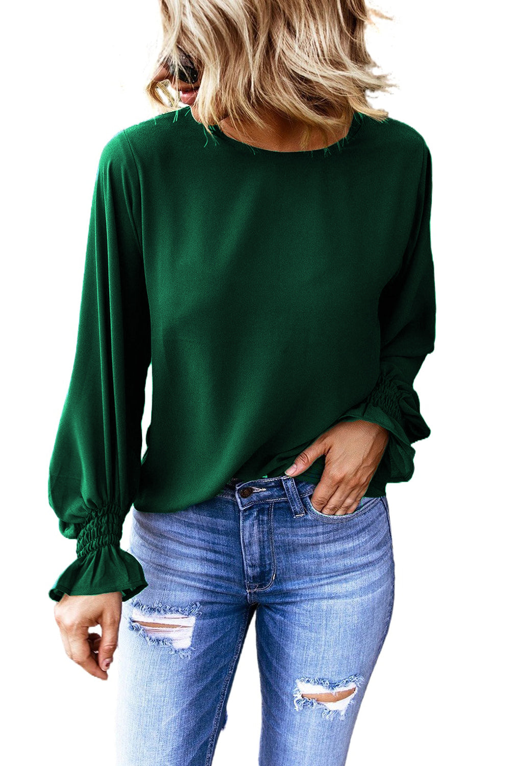 Women's Top with Crew Neck Ruffle-Trimmed Blouse
